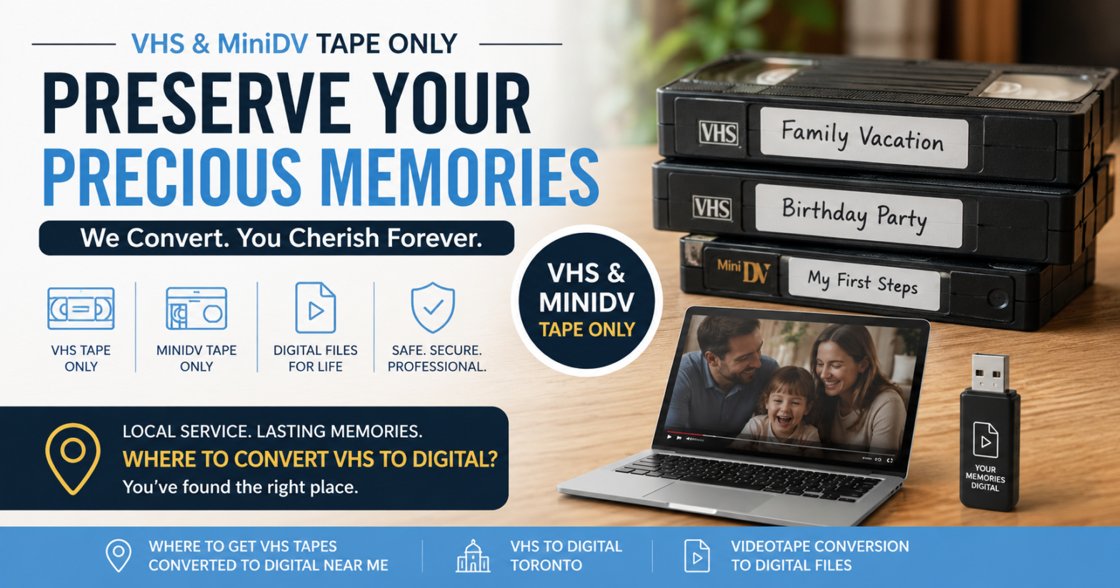Looking for VHS to digital Toronto services? Learn where to get VHS tapes converted to digital near you and how professional VHS and MiniDV transfer services preserve your memories forever.